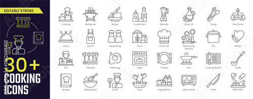Cooking Stroke icon collections. Containing Barbecue, Olive Oil, Gas Stove, Cutlery, Oven, Pan, Cutting Board, Food, Marinate, and Recipe icons. Editable Stroke icon collection Outline icon
