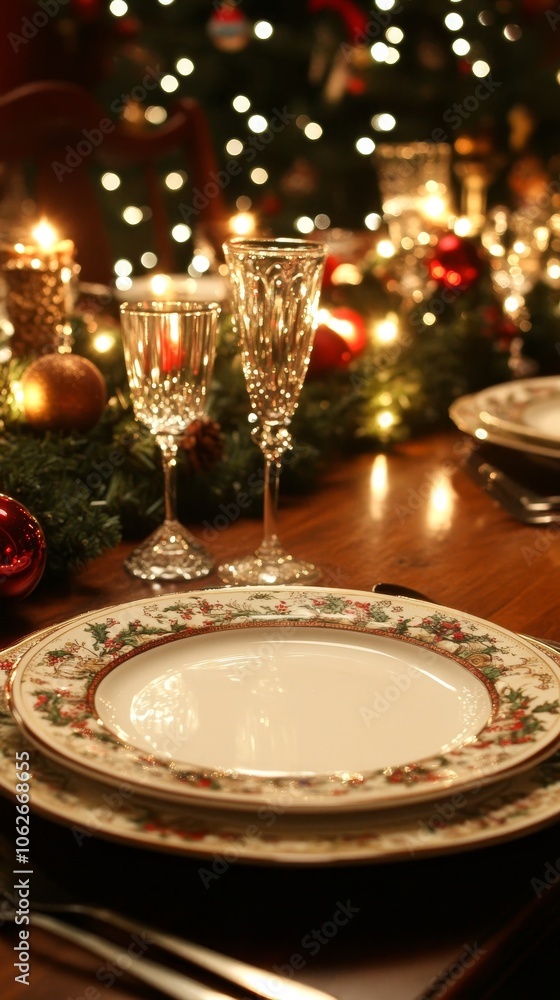 Fototapeta premium A festive Christmas dinner table setting featuring a beautifully arranged blank plate surrounded by elegant decorations, twinkling lights, and seasonal touches that evoke a warm holiday spirit.
