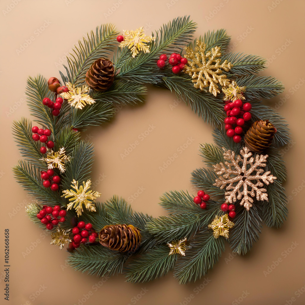 Festive Christmas wreath. Round frame made of conifer branches decorated with cones, artificial red berries and decorative gold snowflakes Festive Christmas wreath. Round frame made of conifer branches decorated with cones, artificial red berries and decorative gold snowflakes