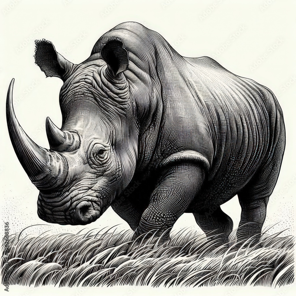 Fototapeta premium rhino, sketch engraving. Black and white image.