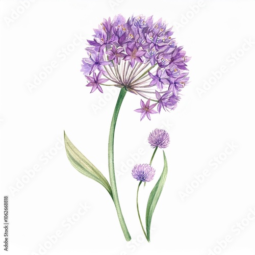 watercolor Allium flower branch, isolated on white