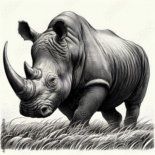 rhino, sketch engraving. Black and white image. photo