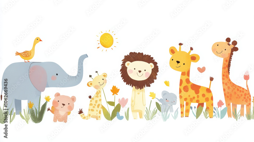 Obraz premium Include various animals like elephants, giraffes, lions, and birds, each with friendly expressions.