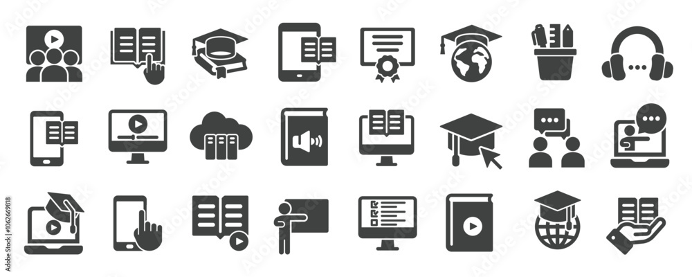 E-learning glyph solid icons collection. Containing education, graduate school, learning, tutorial. Minimal icon and symbol series vector illustration E-learning glyph solid icons collection. Containing education, graduate school, learning, tutorial. Minimal icon and symbol series vector illustration