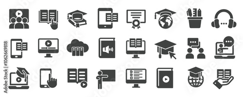 E-learning glyph solid icons collection. Containing education, graduate school, learning, tutorial. Minimal icon and symbol series vector illustration