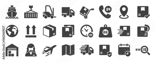 Delivery glyph solid icons collection. Containing shipping, courier, logistic, warehose, loading. Minimal icon and symbol series vector illustration