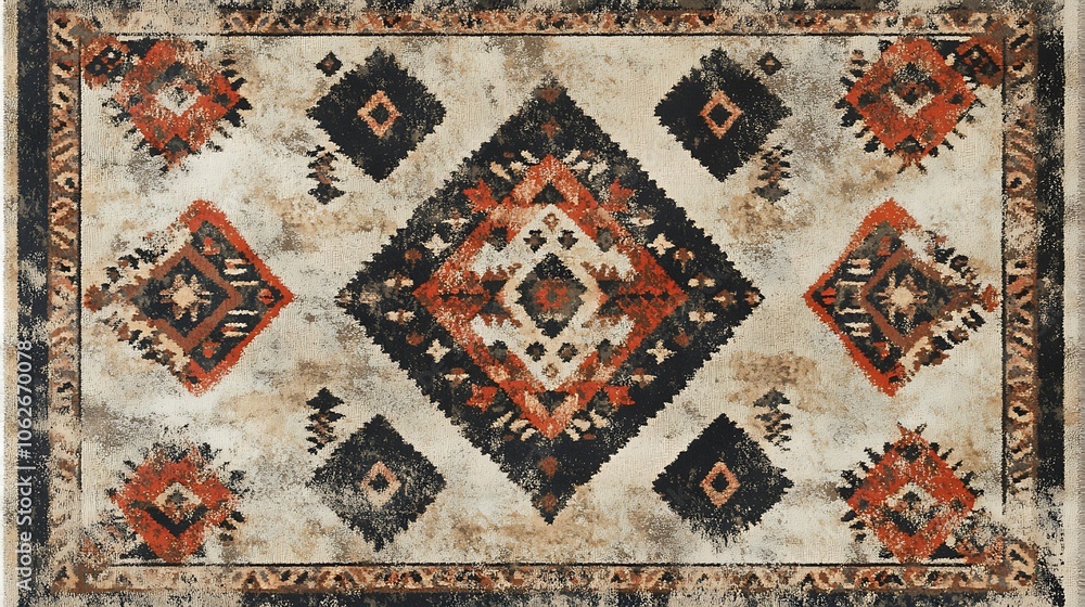A seamless tribal carpet design with bold diamond shapes and triangles, earthy tones of red clay, brown, and sand, symmetrical, capturing the rustic essence of traditional ethnic patterns, A seamless tribal carpet design with bold diamond shapes and triangles, earthy tones of red clay, brown, and sand, symmetrical, capturing the rustic essence of traditional ethnic patterns,