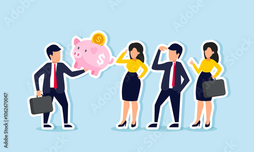 A businessman presenting a piggy bank to several business partners, illustration of showing and presenting financial investment strategy to partners