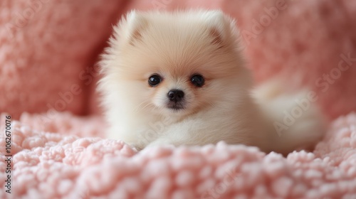 Adorable Pomeranian Puppy Relaxing on Soft Pink Cushions photo