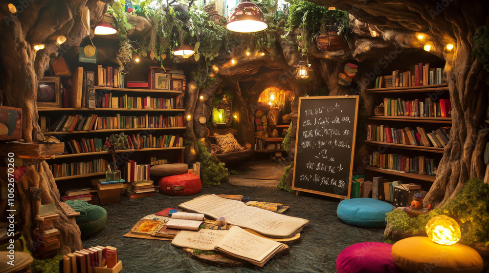 Set the scene in a fantasy environment, like a magical forest or cozy library, with glowing lamps, mysterious objects, and a chalkboard or scroll displaying bright, fun riddles. Set the scene in a fantasy environment, like a magical forest or cozy library, with glowing lamps, mysterious objects, and a chalkboard or scroll displaying bright, fun riddles.