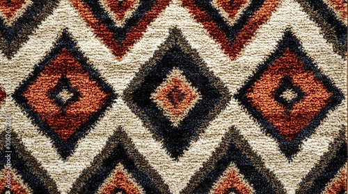 A seamless tribal-inspired carpet pattern with bold lines, triangles, and diamond shapes in rich earthy tones of burnt orange, deep brown, and ivory, intricate and symmetrical,