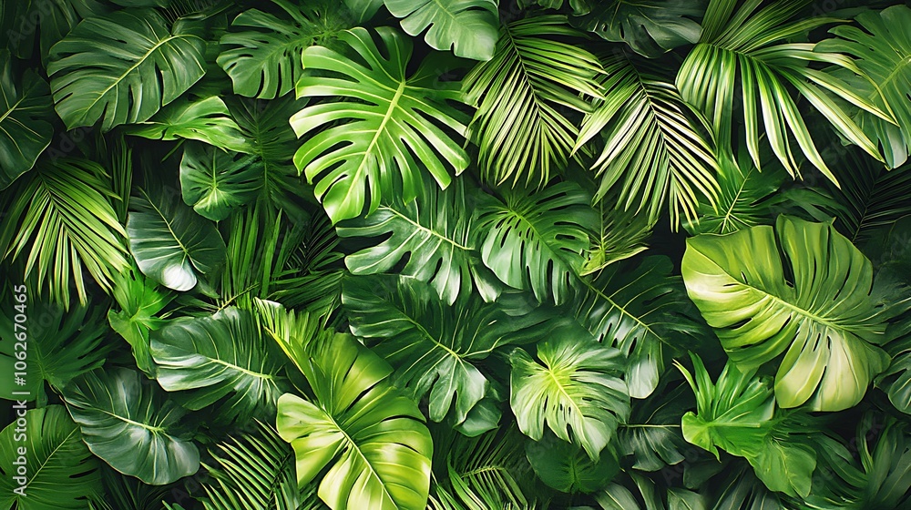 A seamless tropical carpet pattern with overlapping palm and fern leaves, richly detailed in varied green shades, sunlight softly illuminating edges, creating a dense, immersive jungle feel, A seamless tropical carpet pattern with overlapping palm and fern leaves, richly detailed in varied green shades, sunlight softly illuminating edges, creating a dense, immersive jungle feel,