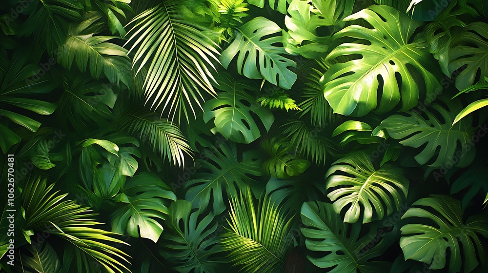 A seamless tropical carpet pattern with overlapping palm and fern leaves, richly detailed in varied green shades, sunlight softly illuminating edges, creating a dense, immersive jungle feel, A seamless tropical carpet pattern with overlapping palm and fern leaves, richly detailed in varied green shades, sunlight softly illuminating edges, creating a dense, immersive jungle feel,