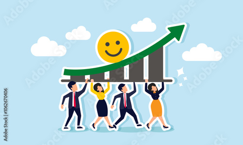 A business group or joint venture working together to lift an upward chart featuring a smiley emoticon, illustration of joint venture to boost business engagement with target market