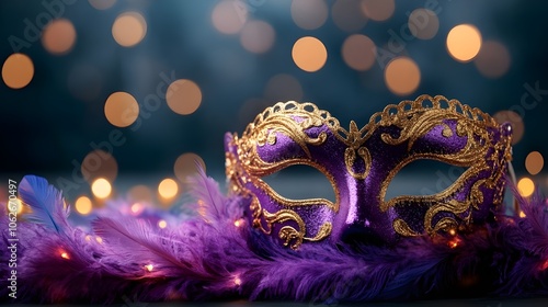 Close-Up of a Purple and Gold Masquerade Mask.