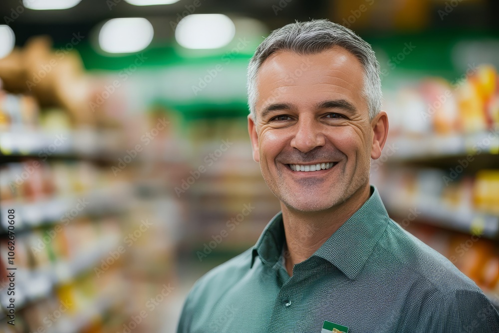 Fototapeta premium Portrait featuring a grocery store manager in his shop.