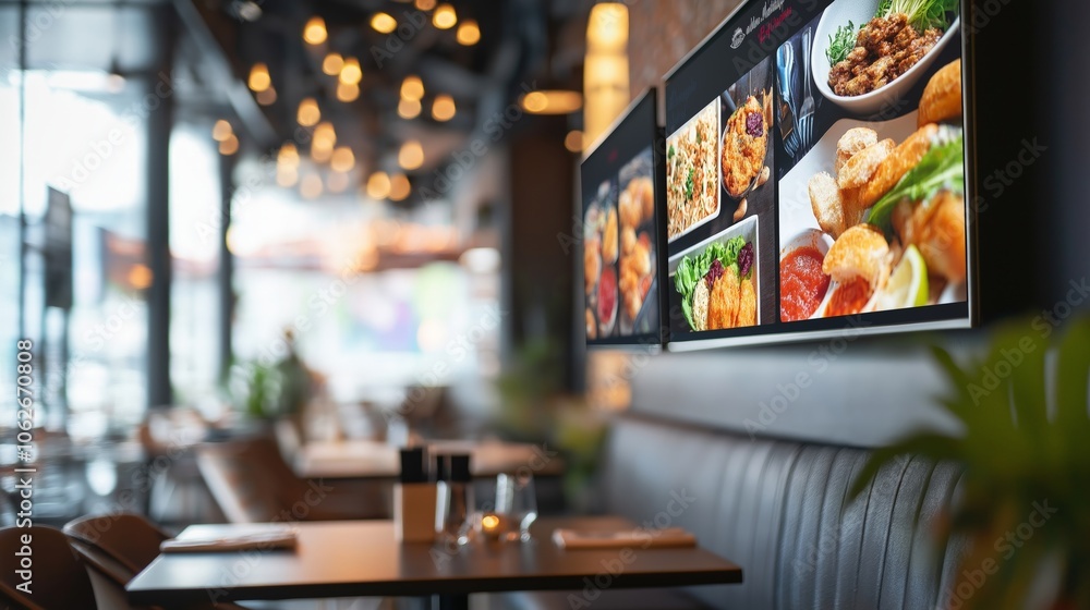 modern restaurant interior with digital signage screens modern restaurant interior with digital signage screens