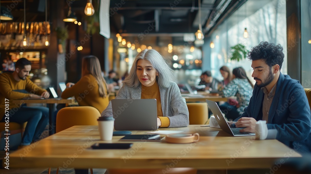working with a laptop in a modern cafe working with a laptop in a modern cafe