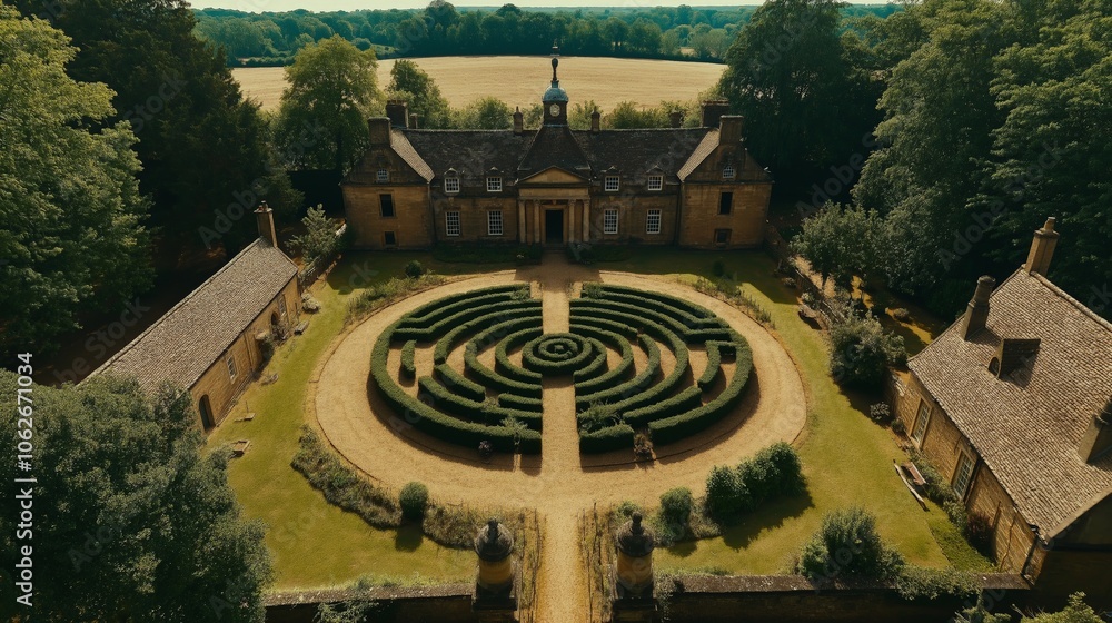 overhead view of a maze in the gardens of an old mansion overhead view of a maze in the gardens of an old mansion