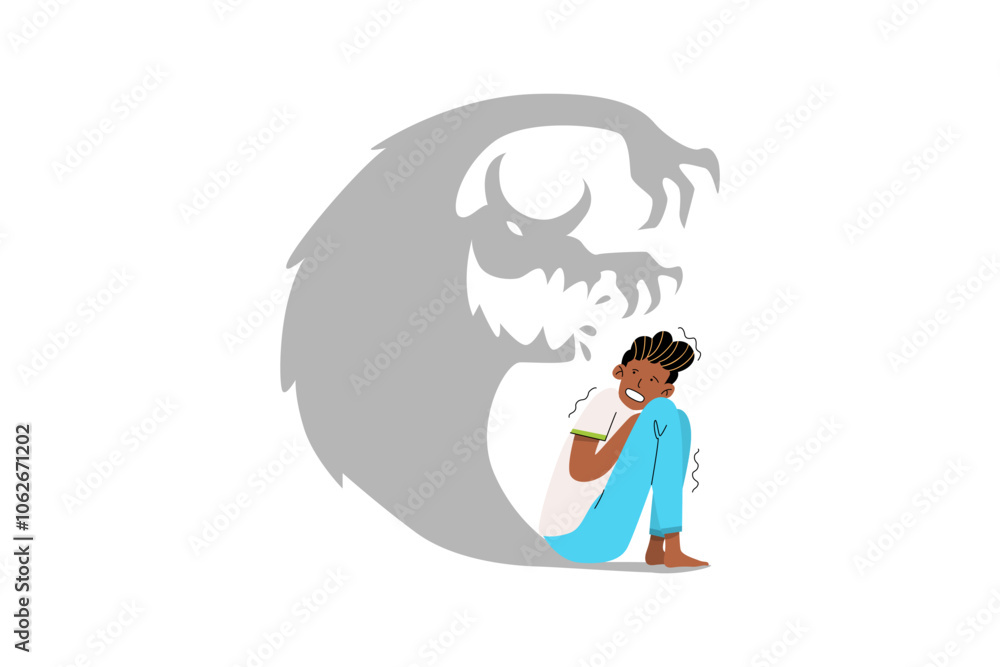 Man Shaking in Fear with Shadow Monster Illustration Man Shaking in Fear with Shadow Monster Illustration