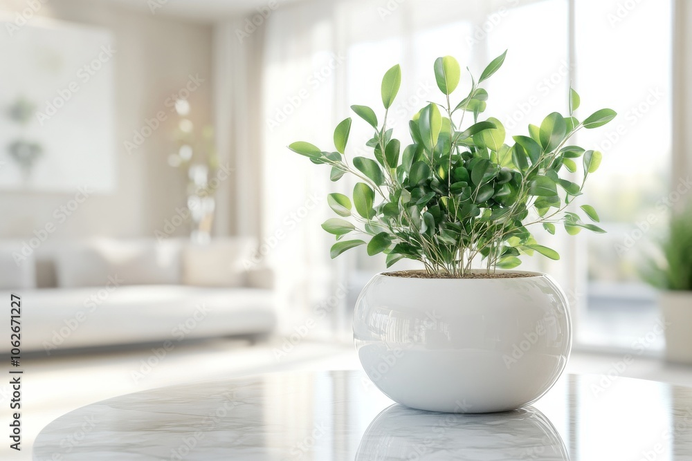 A white ceramic pot with green leaves on a marble table in a blurred living room interior background A white ceramic pot with green leaves on a marble table in a blurred living room interior background