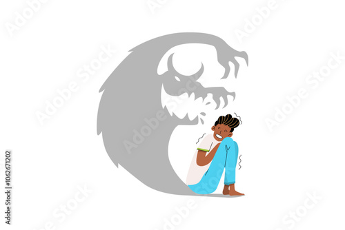 Man Shaking in Fear with Shadow Monster Illustration