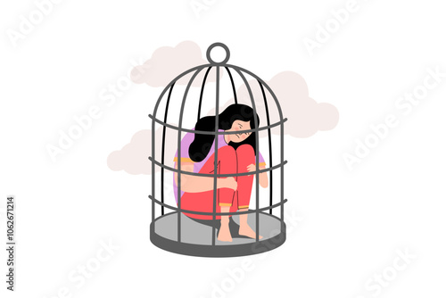 Sad Woman Trapped in a Cage Illustration