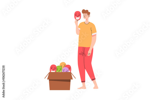 Sad Man Picking a Face Mask in a Box Illustration