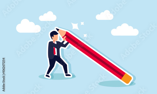 A businessman trying to lift a pencil, illustration of efforts to design a solid business model relevant to the target market