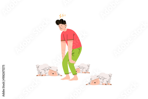 Sleepy Man with Sleeping Sheep Illustration