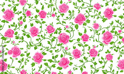 Seamless pattern of pink roses and green vines on a white background.