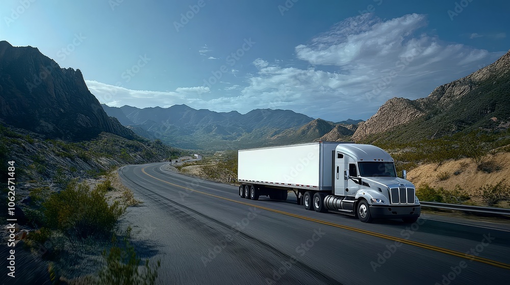 Empty white trailer in motion against a mountain backdrop. Empty white trailer in motion against a mountain backdrop.