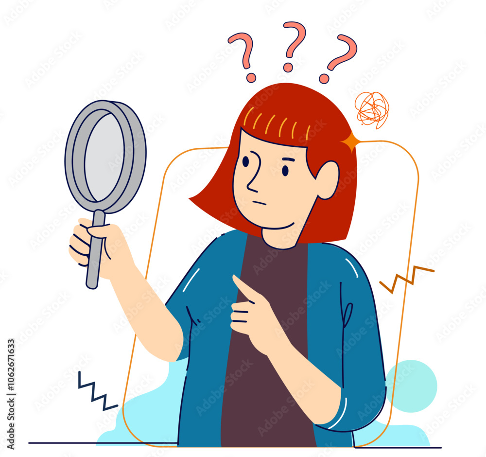 A woman finding Idea illustrations. finding solution, thinking, sharing offers, lightbulbs. Creativity, creation process.