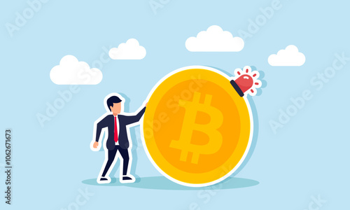 A businessman standing next to bitcoin with an alarm light, illustration of alertness regarding the progress of bitcoin investment asset performance