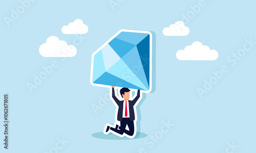 A businessman kneeling while lifting a diamond, illustration of the burden carried from owning valuable investment assets