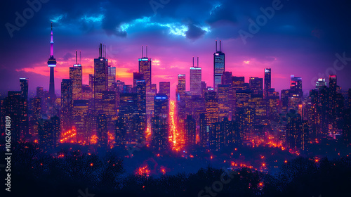 A City Skyline at Dusk with a Vibrant Sky, Silhouetted Skyscrapers Against the Colorful Horizon, Capturing the Beauty of Urban Landscapes and Twilight Moments 