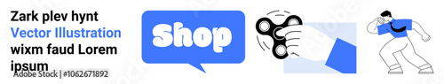 Features a call to action bubble saying Shop, two cartoon characters, and a hand holding a spinner. Ideal for online shopping, e-commerce, digital marketing, advertising, and promotional campaigns