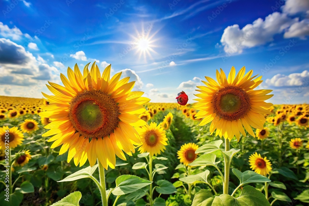 Fototapeta premium Wide-angle sunflower field with blue sky and ladybugs