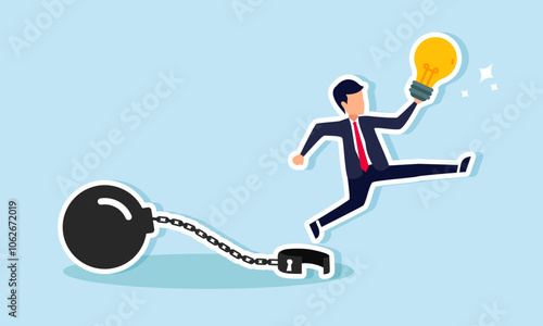 A businessman jumping with a lamp, escaping from the chains of debt, illustration of securing ideas and innovations after overcoming business challenges