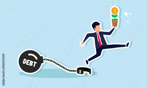 A businessman jumping with a dollar coin plant, escaping from the chains of debt, illustration of securing business investment assets after settling debts