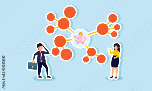 A businessman and businesswoman feel confused by a network centered around a piggy bank, illustration of the complexity of making business investments