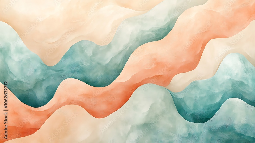 Fototapeta premium A watercolor-inspired seamless carpet pattern with abstract, flowing designs, blending soft colors like peach, teal, and cream, smooth transitions creating a calming gradient,