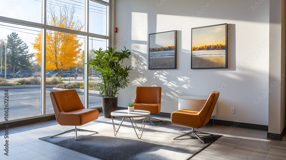 Modern waiting area with two chairs, a small table, and a potted plant by large windows. Bright and inviting space with natural light and autumn view. Modern waiting area with two chairs, a small table, and a potted plant by large windows. Bright and inviting space with natural light and autumn view.