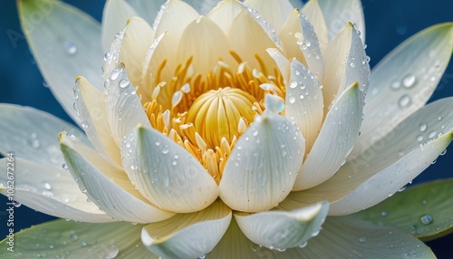 A close-up of a white lotus flower with detailed petals covered in dewdrops against a soft blue background. photo