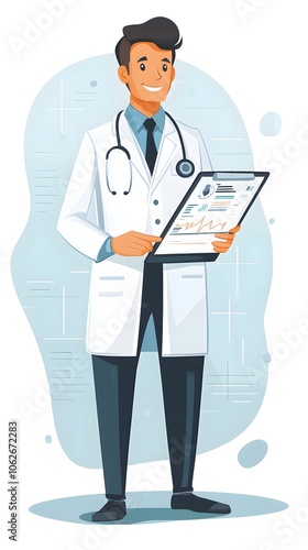 Cheerful male doctor with stethoscope reviewing patient charts, in a modern setting.