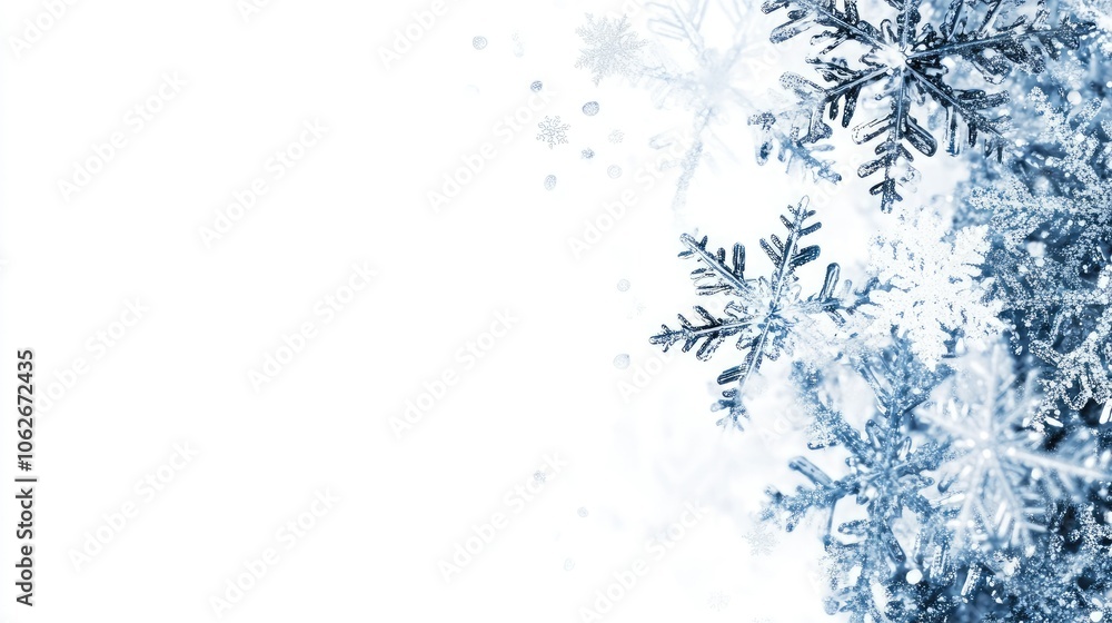 Obraz premium Detailed snowflake close-up on smooth white background, blank area