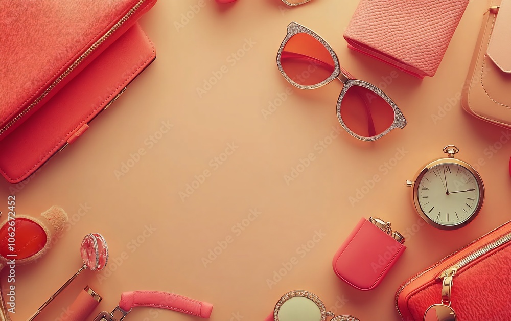 Flat lay of pink and orange accessories with copy space. Flat lay of pink and orange accessories with copy space.