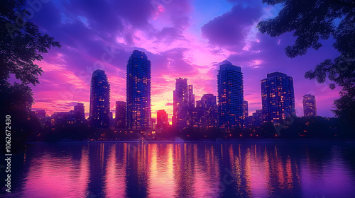 A City Skyline at Dusk with a Vibrant Sky, Silhouetted Skyscrapers Against the Colorful Horizon, Capturing the Beauty of Urban Landscapes and Twilight Moments 