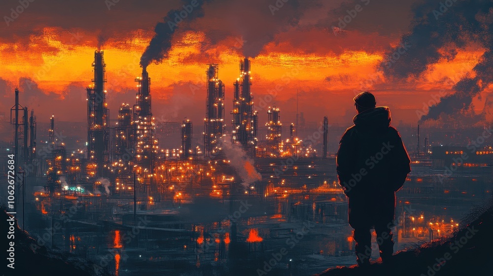 Industrial worker overlooking a petrochemical plant at dusk Generative AI image Industrial worker overlooking a petrochemical plant at dusk Generative AI image