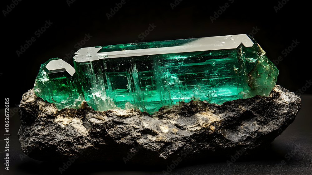 An elongated emerald crystal with intense green hues resting on a stone surface An elongated emerald crystal with intense green hues resting on a stone surface